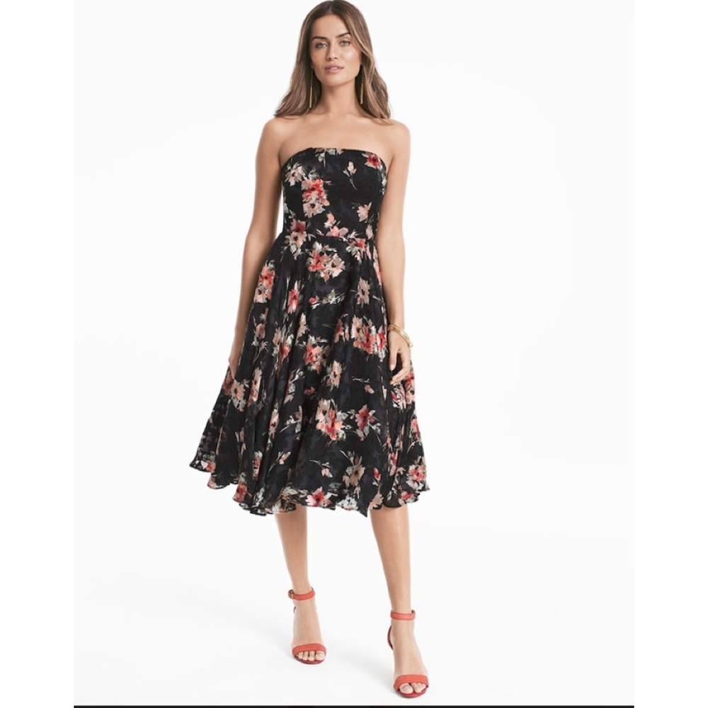 White House Black Market Strapless Silk Floral Printed Midi Fit-And-Flar…
